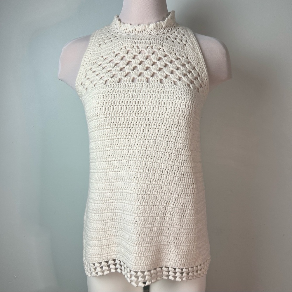 Etcetera Cream Crocheted Halter Knit Shell